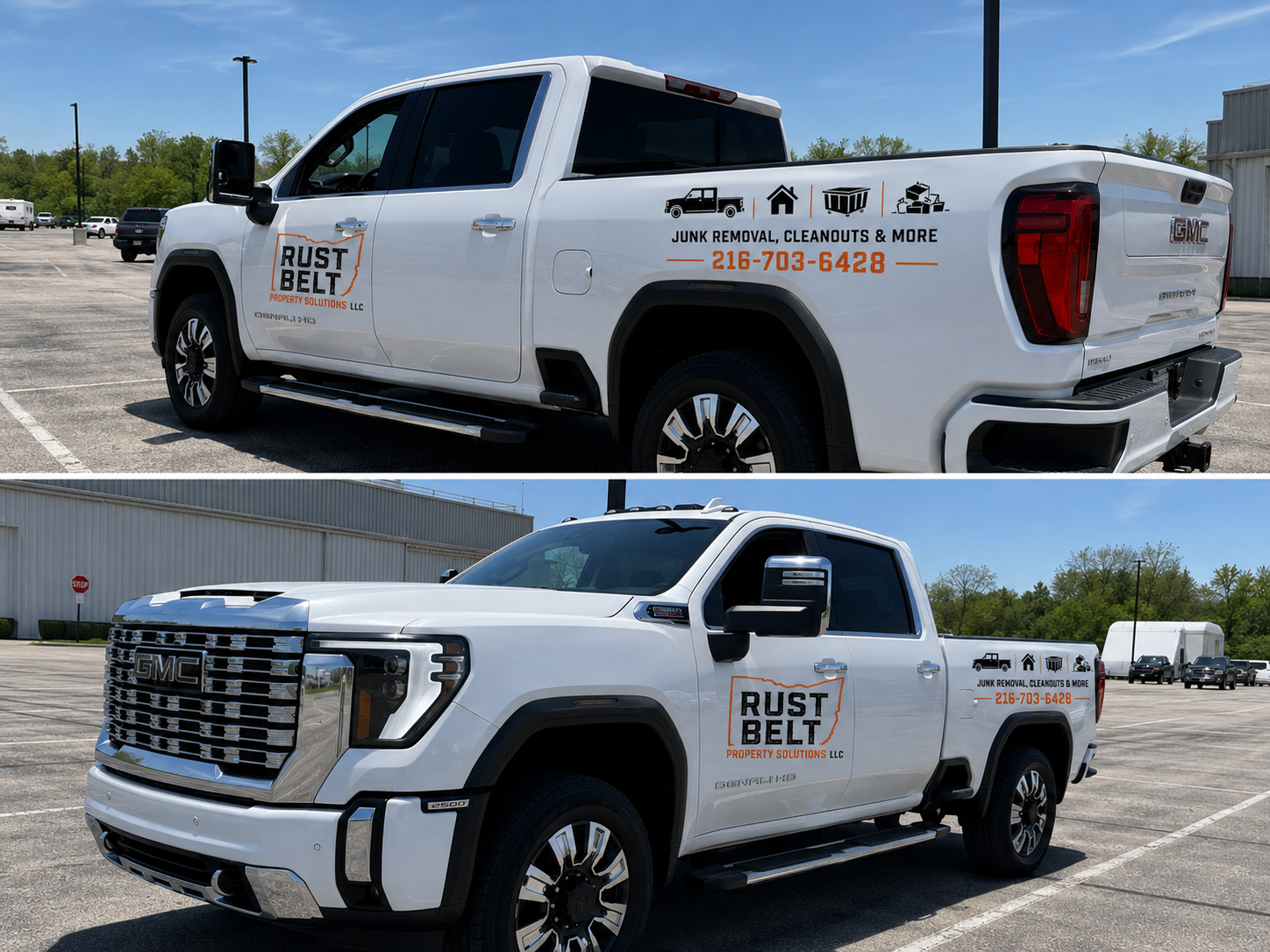 Rust Belt Property Solutions branded white GMC truck